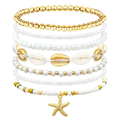 SKYFUN Summer Beach Bracelets for Women Bohemian Stackable Heishi Surfer Bracelet Set Elastic Seashell Starfish Boho Friendship Bracelets for Summer Beach Party Holiday Vacation Jewelry Gift 7CPS