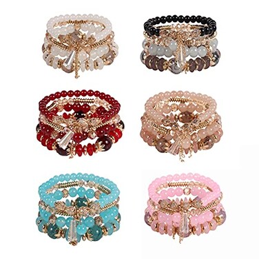 Solosoya Bohemian Stackable Bracelets Set for Women Multipack Multilayer Elastic Rope Boho Colorful Stack Beads Bright Beaded Bracelet 6 Pack