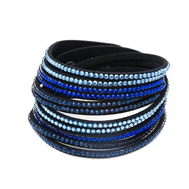 Barzel Leather Created Austrian Crystals Wrap Bracelets Black with Blue Turq Stones