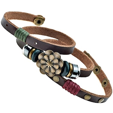 CELOKIY Womens Boho Brown Leather Wrap Bracelet with BrassBronze Lotus Flower Stack Trendy Jewelry
