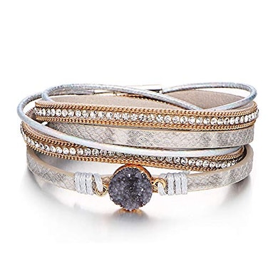 Fesciory Leather Wrap Bracelets for Women Boho Leopard MultiLayer Crystal Beads Cuff Bracelet Jewelry Purple Stone