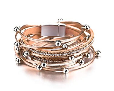 Fesciory Leather Wrap Bracelets for Women Boho Leopard MultiLayer Crystal Beads Cuff Bracelet Jewelry RoseGold Beads