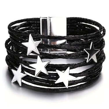 Fesciory Leather Wrap Bracelets for Women Boho Leopard MultiLayer Crystal Beads Cuff Bracelet Jewelry StarBlack