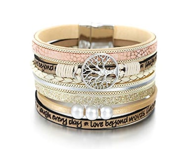Fesciory Leather Wrap Bracelets for Women Boho Leopard MultiLayer Crystal Beads Cuff Bracelet Jewelry Tree of LifeBeige