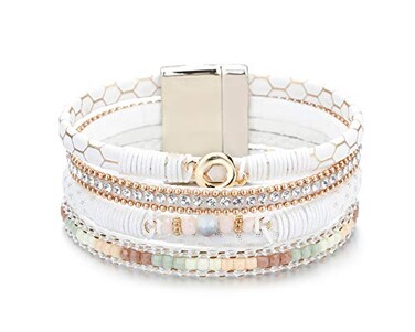 Fesciory Leather Wrap Bracelets for Women Boho Leopard MultiLayer Crystal Beads Cuff Bracelet Jewelry White Leather