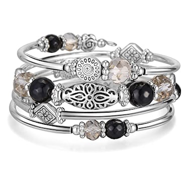 FULU AUTUMN Stackable Beaded Bracelets for Women Boho Wrap Silver Bracelet Layered Fashion Jewelry Gifts for HerBlack grey