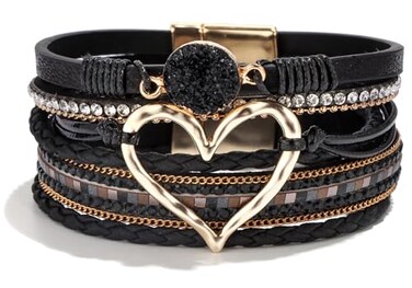 Long tiantian Leather Bracelets for Women Warp Bracelet Stackable Boho Layered Bracelet Chunky Heart Trendy Birthday Gifts for Her
