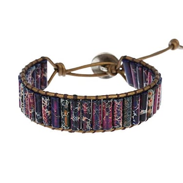 Plumiss Boho Handmade Chakra Bracelets Leather Purple Imperial Jasper Bead Wrap bracelet for Women Men