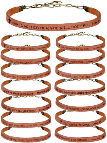 Sureio 15 Pcs Christian Gift Bracelets for Women Men Inspirational Leather Religious Bible Verse God Faith Scripture BraceletBrown