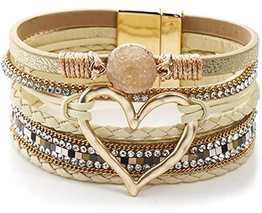 Suyi Multilayer Leather Wrap Bracelet Wide Cuff Bracelets for Women Heartshape Khaki