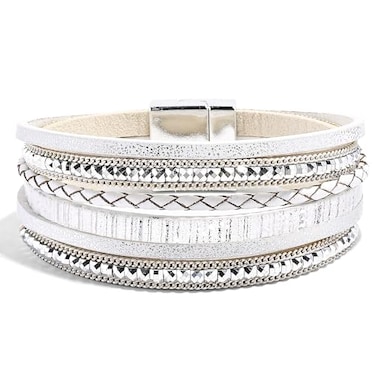 VIBILIA Boho Leather Wrap Bracelets for Women Trendy Layered MultiLayer Bracelets with Strong Clasp Jewelry for WomenWhite