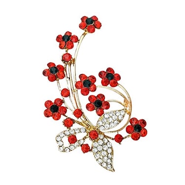 YOQUCOL Red Garnet Ruby Colour Cubic Zirconia Crystal Poppy Flower Shape Brooch Pins for Woman