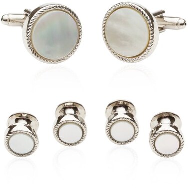 Cuff-Daddy CuffDaddy Mother of Pearl Cufflinks and Studs Tuxedo SilverTone Round Ribbed Tuxedo Formal Set with Presentation Gift Box Unique 58 cufflinks and 38 studs