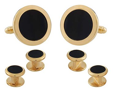 Cuff-Daddy Mens Round Black Onyx Gold Cufflinks Studs Tuxedo Formal Set with Presentation Box