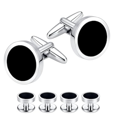 Mr.Van MrVan Mens Black Onyx Cufflinks 4 Tuxedo Shirt Stud Set 16mm RhodiumPlated Brass Elegant Gift Box