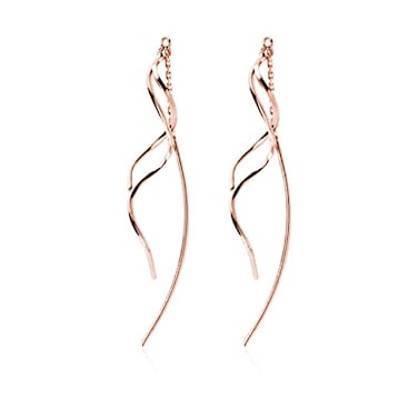 SLUYNZ Sterling Silver Curve Dangle Earrings for Women Teen Girls Wave Dangle Earrings Threader TasselCRose Gold