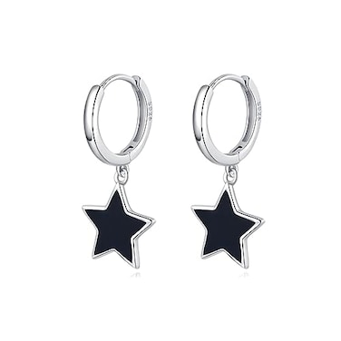 SLUYNZ Solid 925 Sterling Silver Black Star Hoop Earrings for Women Teen Girls 13CM Star Hoop Dangle Earrings ASterling Silver