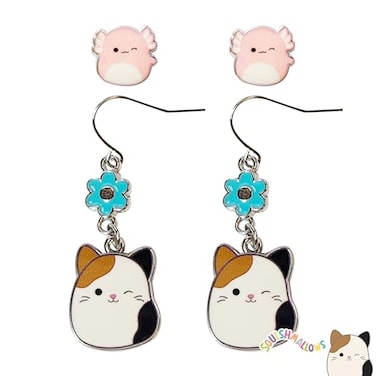 LUV HER Squishmallows Hypoallergenic Earrings for Girls 1 Pink Stud and 1 Squish Fishhook Drop Set with Charms One Size Fits All Ages 8