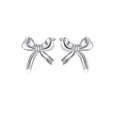 Reffeer Solid 925 Sterling Silver Bow Stud Earrings for Women Teen Girls Small Ribbon Stud Earrings Bowknot ASilver