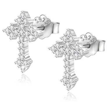 CUTEFEEL 18K White Gold Plated Sterling Silver Cross Stud Earrings for Women Men CZ Cross Stud Hypoallergenic Jewelry Gift