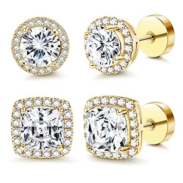 FASACCO 14K Flat Back Round Square Stud Earrings for Men Women Large Big Cubic Zirconia Stud Earrings Mens Earrings Flatback Earrings