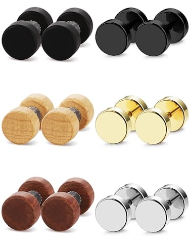 FIBO STEEL 6 Pairs Stud Earrings for Men Women Ear Piercing Ear Plugs Tunnel 18G6MM