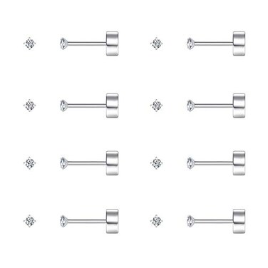 FOSIR 2mm Tiny Hypoallergenic Flat Back Earrings for Women Men Surgical Stainless Steel Stud Earrings Cubic Zirconia Studs Cartilage Earrings for Sensitive Ears Pack of 8 Pairs