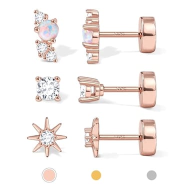 GEMQUEEN Flat Back Earrings Studs Hypoallergenic 14K Rose Gold Plated Sterling Silver Earring for Cartilage Helix Conch Tragus Piercing Jewelry 3 Pairs Screw Back CZ Opal Earings Sets for Women Men