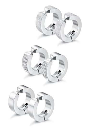 Jstyle 3 Pairs Stainless Steel Mens Womens Hoop Earrings Clip On CZ NonPiercing S