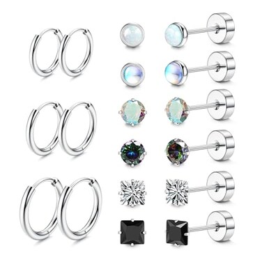 LOFITOR Titanium Earrings for Men Women 20G Titanium Steel Flat Back Earrings Stud and Hoop Earring for Sensitive Ears Moonstone Hypoallergenic Cartilage Flatback Stud Earring Silver Plated