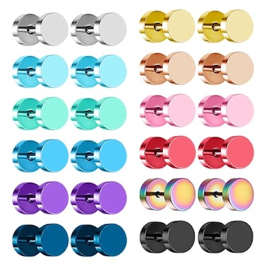 NEWITIN 12 Pairs Dot Stud Earrings for Men Faux Gauges Hypoallergenic Ear Tunnel Earring Surgical Steel Screw Flat Back Round Ear Studs for Women