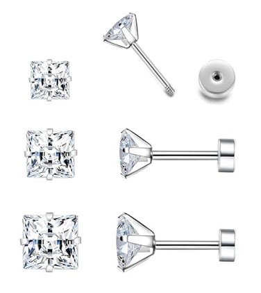 Purbeaut Princess Cut Square CZ Stud Earrings Flat Back Screw Back Small Silver Clear Cubic Zirconia Studs Earrings Set for Women Men Pack of 3 Pairs 3mm 4mm 5mm