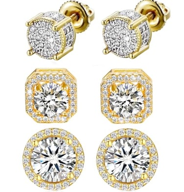 Orglace Stud Earrings for Men18K White Gold Plated Round Square Cubic Zirconia Hypoallergenic Studs Earrings Set for Women 3 PairsABC Gold