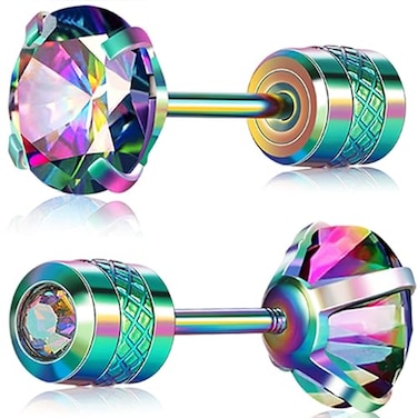 VOLUKA Titanium Earrings for Sensitive Ears 1 Pairs Screw Back Hypoallergenic Surgical Grade Titanium Cubic Zirconia Stud Earrings for Women Men Green