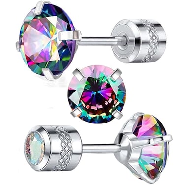 VOLUKA Titanium Earrings for Sensitive Ears 1 Pairs Screw Back Hypoallergenic Surgical Grade Titanium Cubic Zirconia Stud Earrings for Women Men White