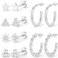 zygc Zygc 6 Pairs Stainless Steel Earrings Premium Silver Flat Back Stud Earring for Women Men Multiple Style Lightweight Dainty Trendy Jewelry Star Triangle Sun Ball Twisted Hoop Earrings Stacks