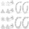 zygc Zygc 6 Pairs Stainless Steel Earrings Premium Silver Flat Back Stud Earring for Women Men Multiple Style Lightweight Dainty Trendy Jewelry Star Triangle Sun Ball Twisted Hoop Earrings Stacks