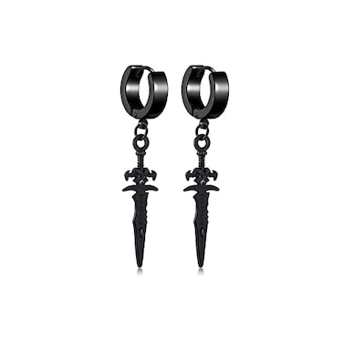 PJWONG Unisex Gothic Punk Black Stainless Steel Dagger Cross Sword Dangle Earrings Piercing Jewelry Huggie Hoop Earring for Men Women Teens BlackCross Sword