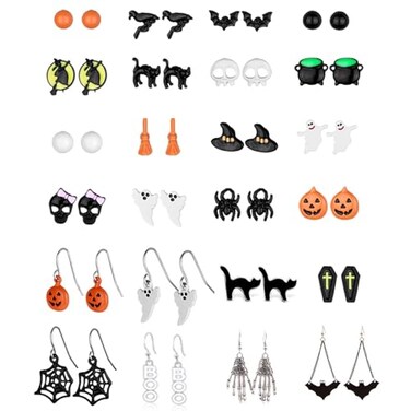 Dcfywl731 24 Pairs Halloween Earrings for Women Bat Witch Cat Earrings Set Spider Web Pumpkin Skull Dangle Earring Halloween Jewelry Accessories Costumes