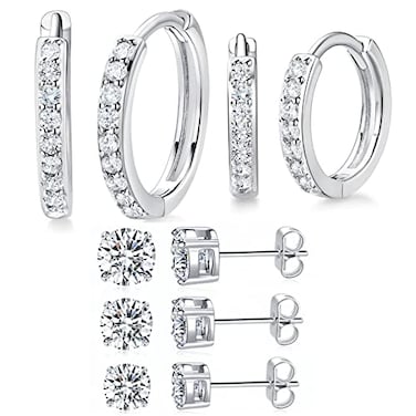 MDFUN 14K White Gold Plated Hypoallergenic Hoops Huggie Stud Earrings Set Round Cubic Zirconia Earring for Women Men Pack of 5 Pairs
