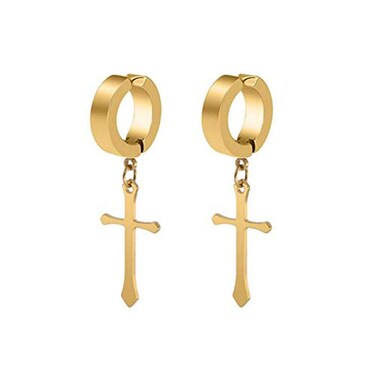 CCBFY Nonpierced Earrings Set for Men Women Cross Titanium Steel Hoop Dangle Clip On Earring Gold