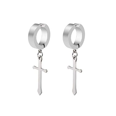 CCBFY Nonpierced Earrings Set for Men Women Cross Titanium Steel Hoop Dangle Clip On Earring Silver