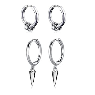 XHBTS Men Hoop Earrings With Cross Feather Cone Ball Chain Dangle Silver Stainless Steel Punk Hip Hop Rock Gothic Style Kpop Earrings For Men Women with Mini Cloth and Mini Box