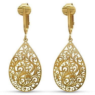 Aloha Earrings Small Victorian Filigree Teardrop Non Pierced Clip On Dangling Earrings Gold Tone