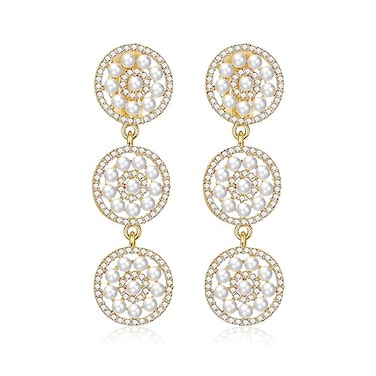 ENSKEFEN ENSKENFN Pearl ClipOn Earrings for Women Sparkly Crystal Geometric Circles Long Earrings Nonpierced Dangle Drop Earring