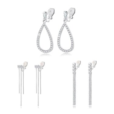 HZMAN 3Pair Clip on Earrings for Women Non Pierced Silver Long TasselTeardrop Crystal Cubic Zirconia Dangle Drop Earring Party Wedding Jewelry Gift