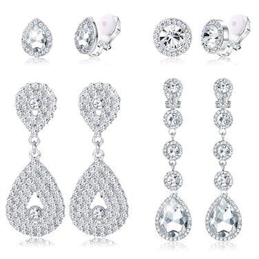 Jstyle 4 Pairs Silver Clip on Earrings for Women Elegant Rhinestone Clip on Earrings Dangle Drop for Brides Bridesmaids Non Pierced Earrings SetClip Stud and Dangle Earrings Style