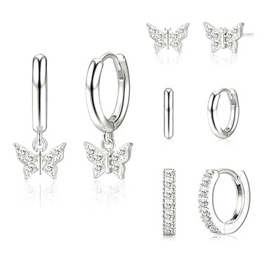 Poxtex Silver Butterfly Earrings for Women Huggie Small Stack Cartilage Stud Hoop Earring Sets for Multiple Double Piercing Conch Helix Rook Tragus Daith Piercing Silver Clip On Jewelry Set Gifts