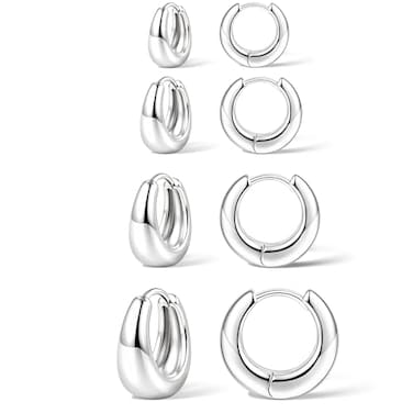 Poxtex Silver Chunky Huggie Hoop Earrings Set for Women Men Silver Stack Cartilage Earrings Sets for Multiple Piercing Lightweight Mini Thin Cute Dainty Trendy Clip On Jewelry Gifts