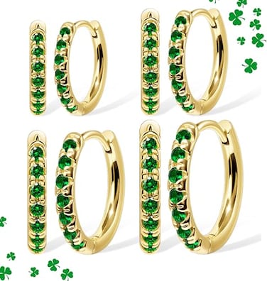 Poxtex St Patricks Day Earrings Gold Green Earrings Set for Women Small Huggie Hoop Stack Cartilage Earring for Multiple PiercingGreen Clip On Jewelry for Women